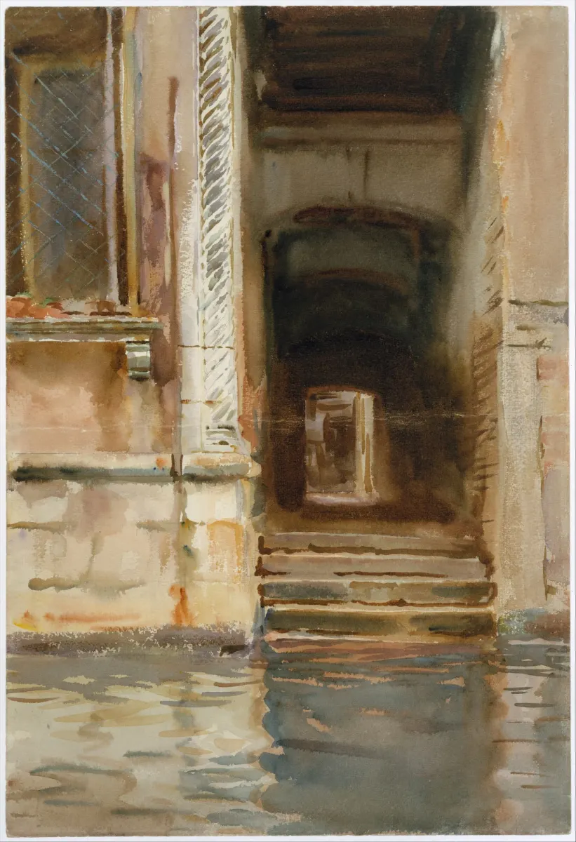 John Singer Sargent's watercolor Venetian Passageway, a dark arched passage over steps and water leading to a small bright doorway