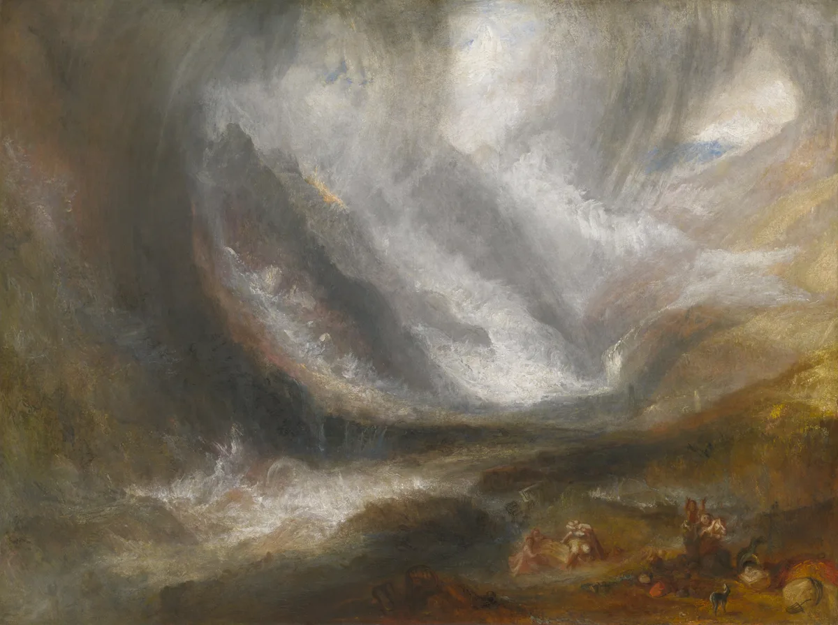 Turner's Valley of Aosta: Snowstorm, Avalanche, and Thunderstorm showing atmospheric value recession — sharp contrast in the foreground dissolving into luminous midtones in the distance