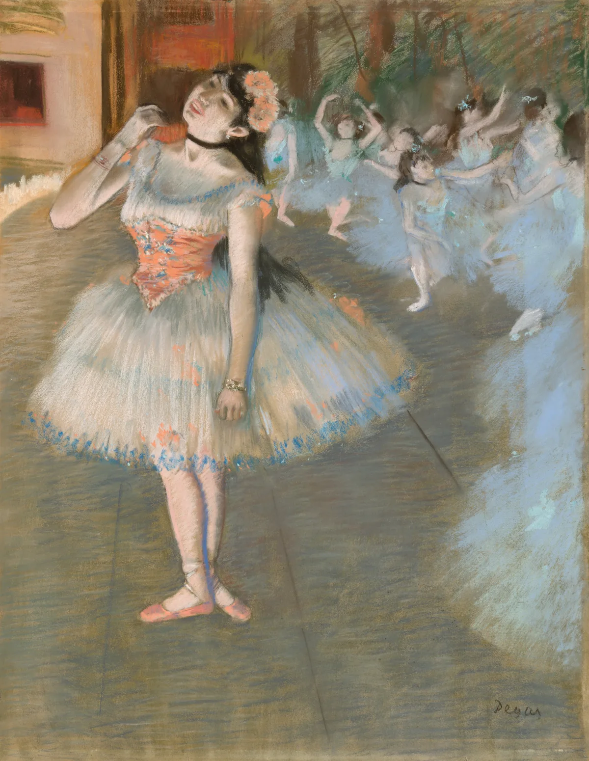 Edgar Degas's The Star, 1879, showing a ballerina in a bright tutu set against the darker tones of the stage floor and background — value contrast directing the eye