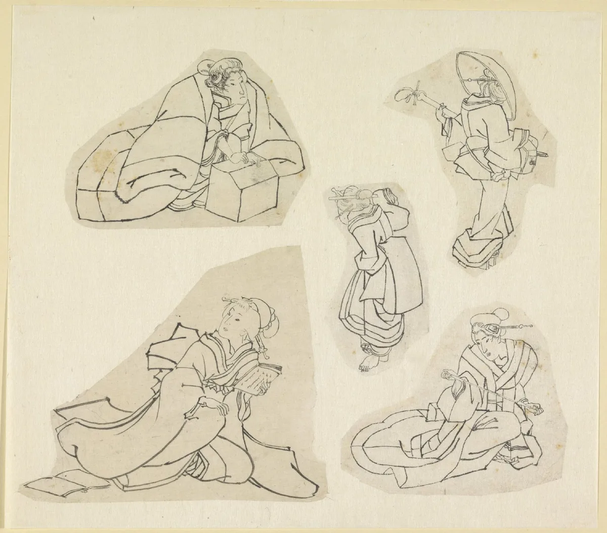 Katsushika Hokusai's Vijf vrouwenfiguren woodblock print showing flat value areas with hard edges — a non-Western approach to value structure without gradual modeling